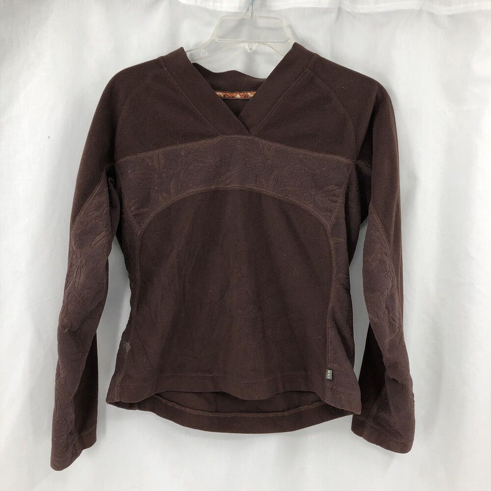 REI Brown V Neck Floral Cutout Long Sleeve Fleece Shirt Top Small